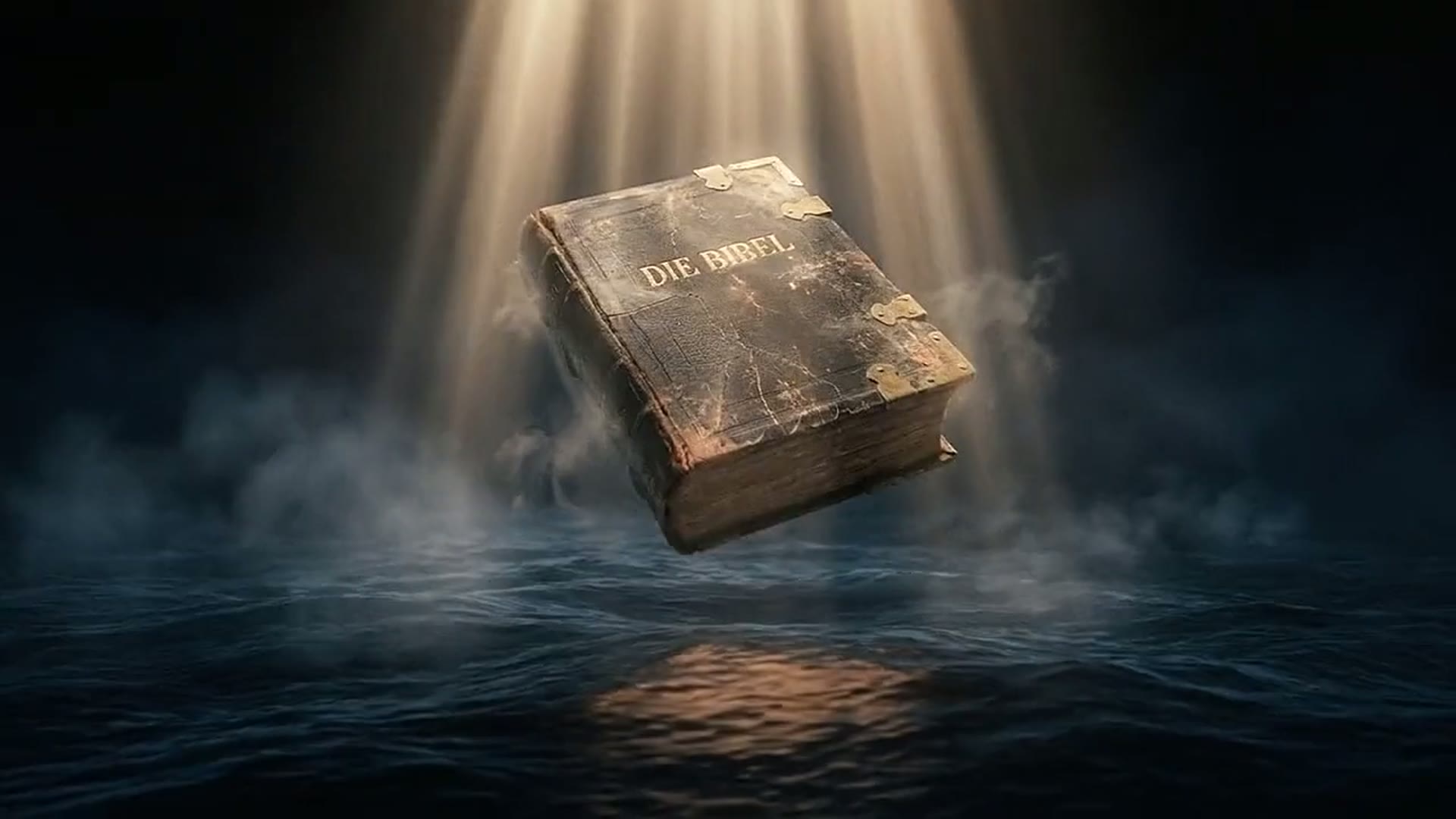 Eine offene Bibel ruht im Lichtstrahl auf dunklem Wasser